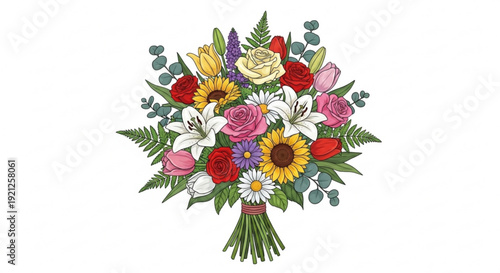 Colorful bouquet of assorted flowers including roses sunflowers and daisies with green leaves on white background
