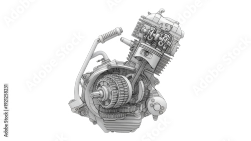 Motorcycle Engine CAD Cutaway Engineering Technical Illustration on White Background