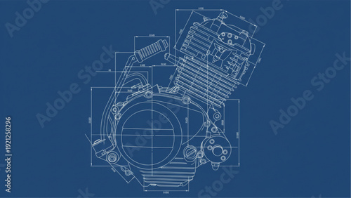 Motorcycle Engine Blueprint with Measurement Lines Engineering Technical Drawing