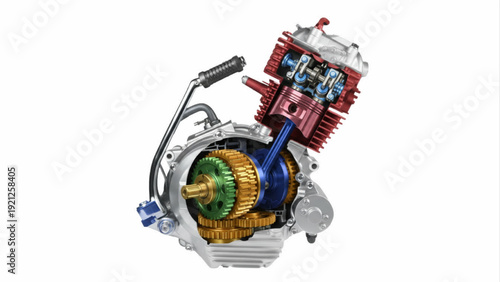 Motorcycle Engine Color Coded Cutaway 3D Technical Illustration on White Background