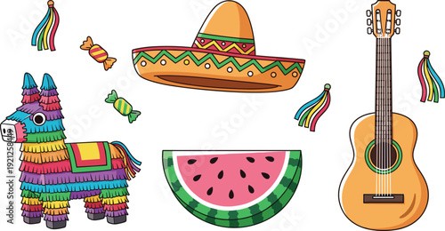Mexican Fiesta Vector Set with Pinata Sombrero Guitar Watermelon Candy and Colorful Ribbons for Cinco de Mayo Party Decoration Design.