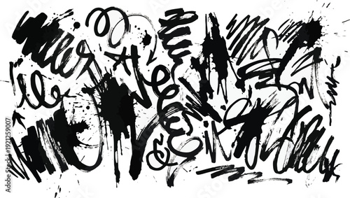 Graffiti spray paint squiggly lines with drips and paint splatters. Curly strokes with loops, bold brush drawn underlines, and blots. Aerosol effect grunge clip art. Hand drawn street art elements. 