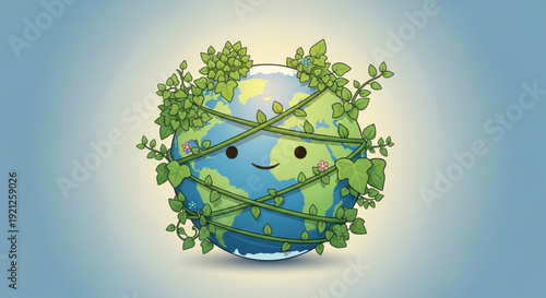 Earth wrapped in green vines with a smiling face on a blue background symbolizing eco friendly and environmental conservation