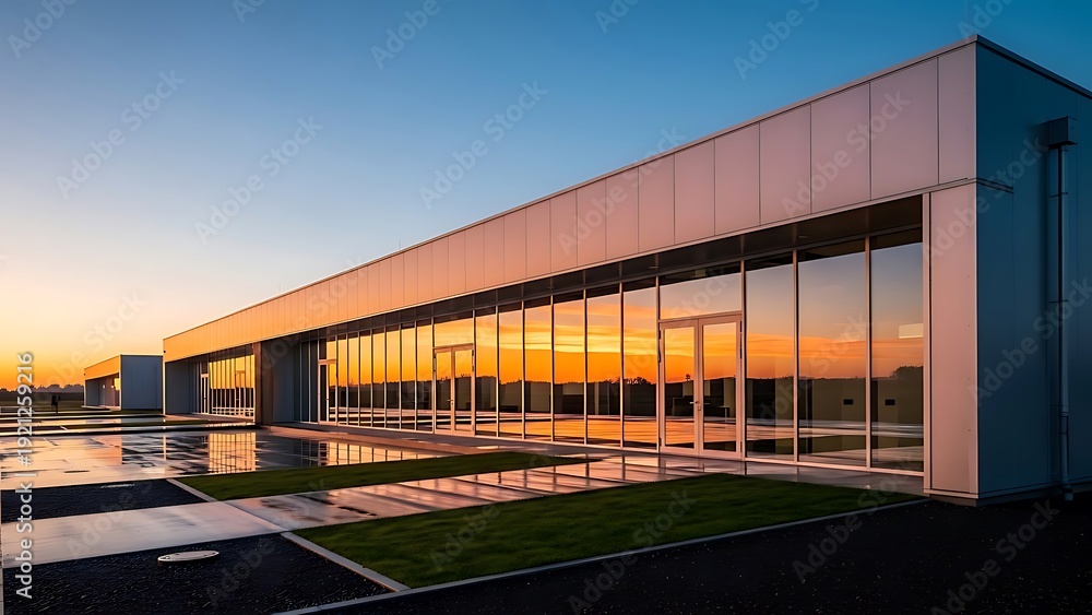 Fototapeta premium Modern industrial building with mirrored windows reflects a vibrant sunset sky