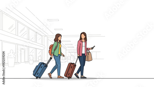 two female travelers pulling luggage and carrying bags walking in a modern airport terminal depicting vacation journey and departure