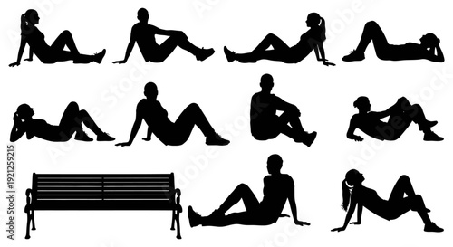 silhouettes of people relaxing in various poses sitting and lying with a park bench useful for lifestyle graphics.