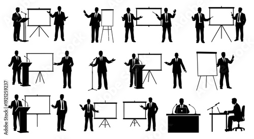 silhouettes of professional business speakers delivering engaging presentations and lectures using screens podiums and laptops illustrating corporate communication and public speaking skills.
