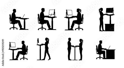 silhouettes of professionals working at ergonomic sit-stand desks illustrating flexible office postures for modern workplace health and productivity.