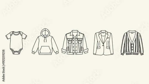 simple outline illustrations of diverse clothing baby bodysuit hoodie denim jacket blazer and cardigan for modern fashion concepts.