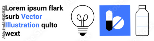 Energy, innovation, healthcare, design concepts, products, branding. Light bulb, pills and bottled water alongside placeholder text. Energy and innovation through objects and layout