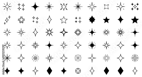 sparkle star icons vector graphic set of glitter symbols and shining diamond shapes for magic celebration design.