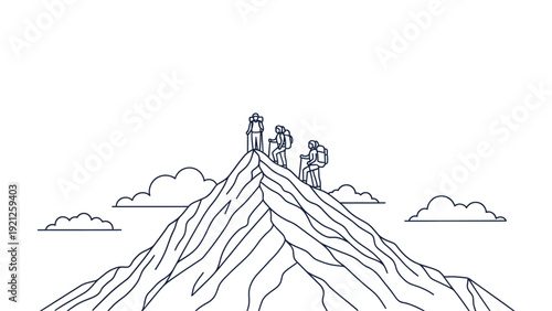 three hikers with trekking poles climbing mountain peak illustration symbolizing teamwork perseverance success and achieving ambitious goals.