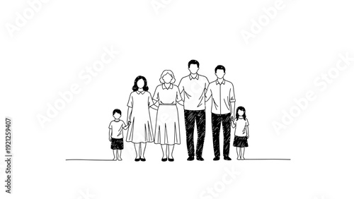 three generation family standing together in simple line art representing unity support strong family bonds generational connection and family values