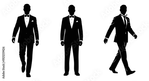 three male silhouettes in black suits and tuxedos walking and standing representing professionalism sophistication and formal attire.