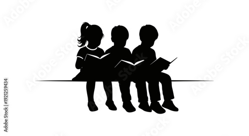 three young children a girl and two boys in silhouette sitting and reading books symbolizing early education literacy and learning.