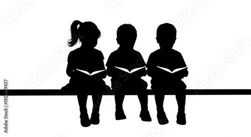 three young children silhouettes sitting and reading books on a line symbolizing early education literacy and the joy of learning.