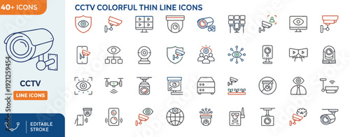 Collection of CCTV icons in various styles and designs for security and surveillance