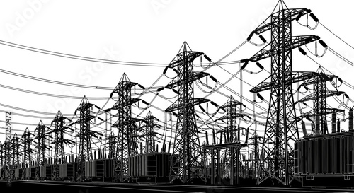 transmission towers and industrial power grid infrastructure with power lines and substations illustrating energy distribution.