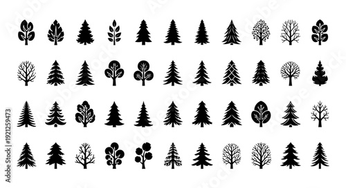 tree icons collection featuring diverse plant silhouettes illustrating forest nature and ecological elements for graphic design projects.
