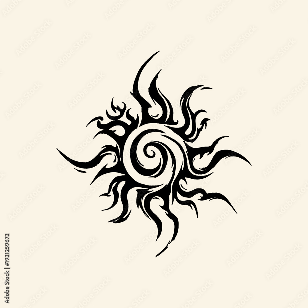 Fototapeta premium Tribal Flame Sun Spiral Monochrome Tattoo Style Illustration