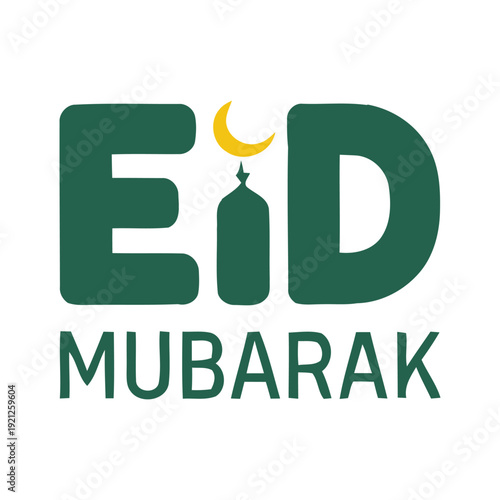 Elegant Eid Mubarak greeting design featuring stylized mosque and crescent moon, celebrating Islamic holiday festival, Vector Design