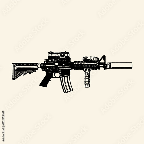 Modern Tactical Rifle Engraved Monochrome Illustration