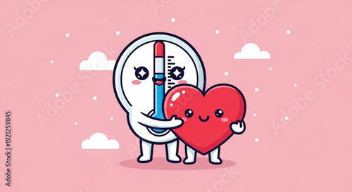Cute thermometer character hugging heart with happy smile on pink background with clouds