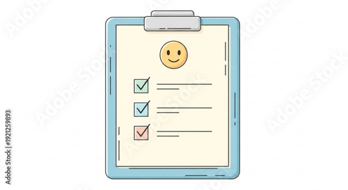 Smiling face on a checklist clipboard with satisfied expression and colorful checkboxes