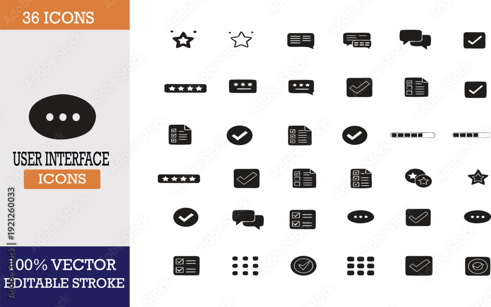 Naklejka premium User Interface Icons Set with 36 Editable Vector Graphics Featuring Ratings, Checkmarks, Chat Bubbles, and UI Elements in Black and White