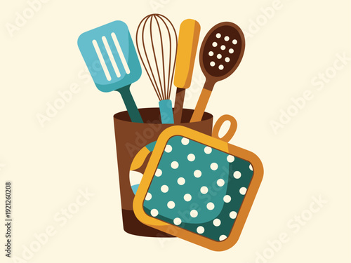 Collection of colorful kitchen utensils in a holder, including a spatula, whisk, and pot holder.