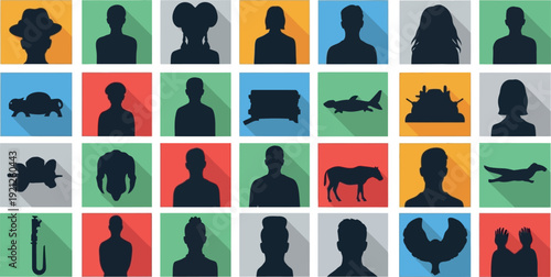Colorful silhouette of people and various silhouettes animals flat
