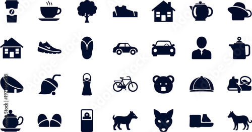 Dark blue of various everyday and animals on white background
