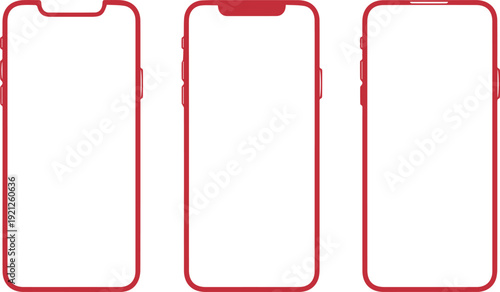 Clean minimalist flat vector illustration featuring three smartphone wireframes arranged side-by-side. Modern mobile app UI mockup layout with blank screens, simple outlines, and responsive design 