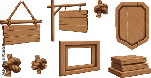 Rustic Wooden Signboard Frame and Shield Vector Set with Hanging Rope Knots and Plank Elements for Vintage Label and Game UI Design.