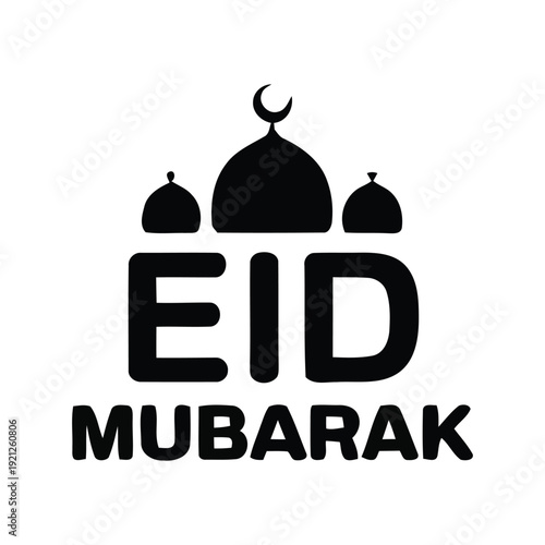 Celebrate the joyous occasion of Eid with the elegant text graphic featuring Islamic architectural elements and the greeting 'Eid Mubarak', Vector design