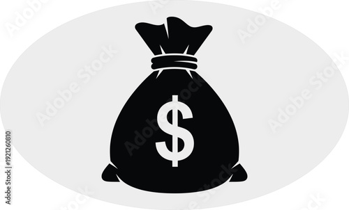 A black money bag icon with a white dollar sign on a gray background