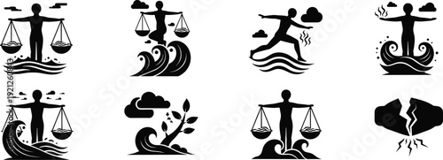 Black silhouette vector set of fire icons and sun symbols featuring a summer beach travel collection with boat and people illustration design