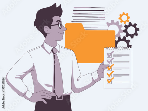 Man with glasses checking off a completed task list with folder and gears, vector