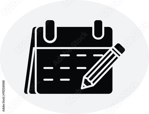 A black and white icon of a calendar with a pencil