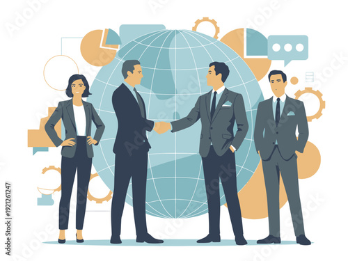 Business partners shaking hands in front of a globe and abstract graphics