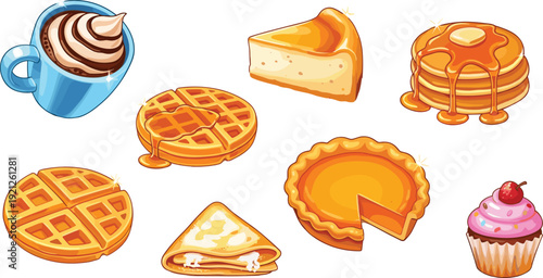 Sweet Breakfast Dessert Food Vector Set with Waffles Pancakes Pumpkin Pie Cheesecake Crepe Cupcake and Coffee for Cafe Menu Design