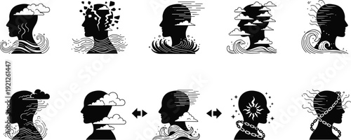 A creative set of black vector silhouettes featuring women with various fashion hair styles, profiles, and face outlines as artistic icons for person avatar design and lady character illustrations