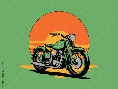 Retro Green Motorcycle Parked in Front of a Vibrant Sunset, Vintage Biker Lifestyle