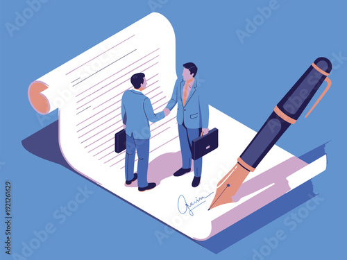 Businessmen Shaking Hands Over Signed Contract with Fountain Pen, Agreement and Deal