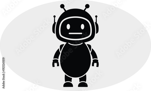 A black and white illustration of a robot with antennae