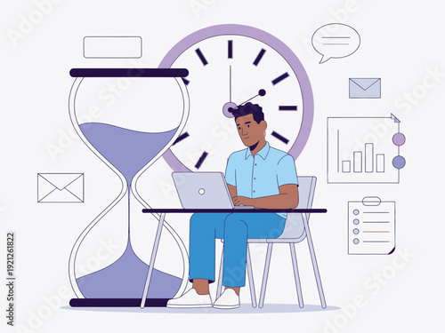 Man working on laptop by large hourglass, busy time management, deadline pressure, and productivity.