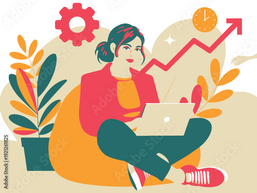 Woman working on laptop on bean bag, surrounded by plants and growth chart, creative freelance work.