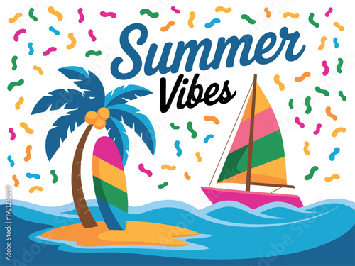 Vibrant summer vibes with palm tree, surfboard, sailboat, and confetti on the ocean.