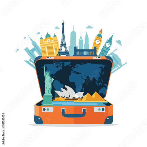 Illustration of an open orange suitcase with landmarks and a world map inside, against a city skyline background with iconic monuments.
