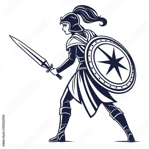 Warrior Woman with Sword and Shield, Female Gladiator, Fantasy Combat Art
